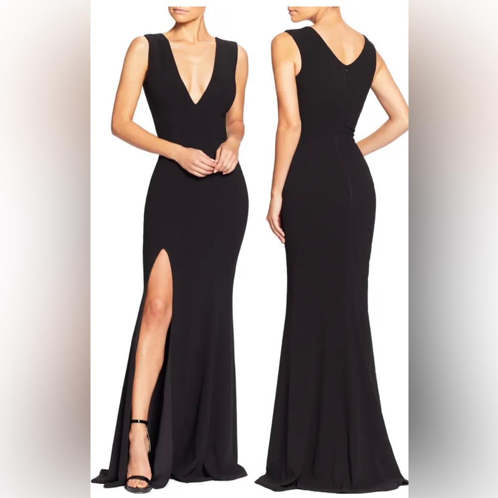 DRESS THE POPULATION SANDRA PLUNGE CREPE TRUMPET GOWN SIZE S NAVY BLUE